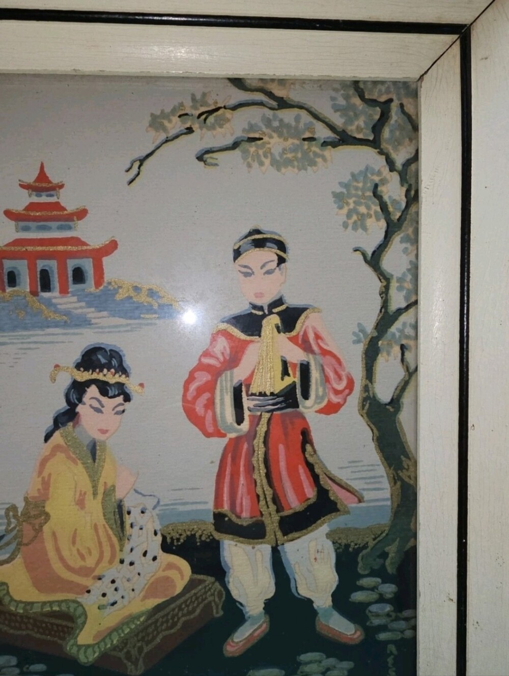Mid-Century Japanese Signed Gouache Painting Vibrant Figures & Pagoda - Picture 13 of 15
